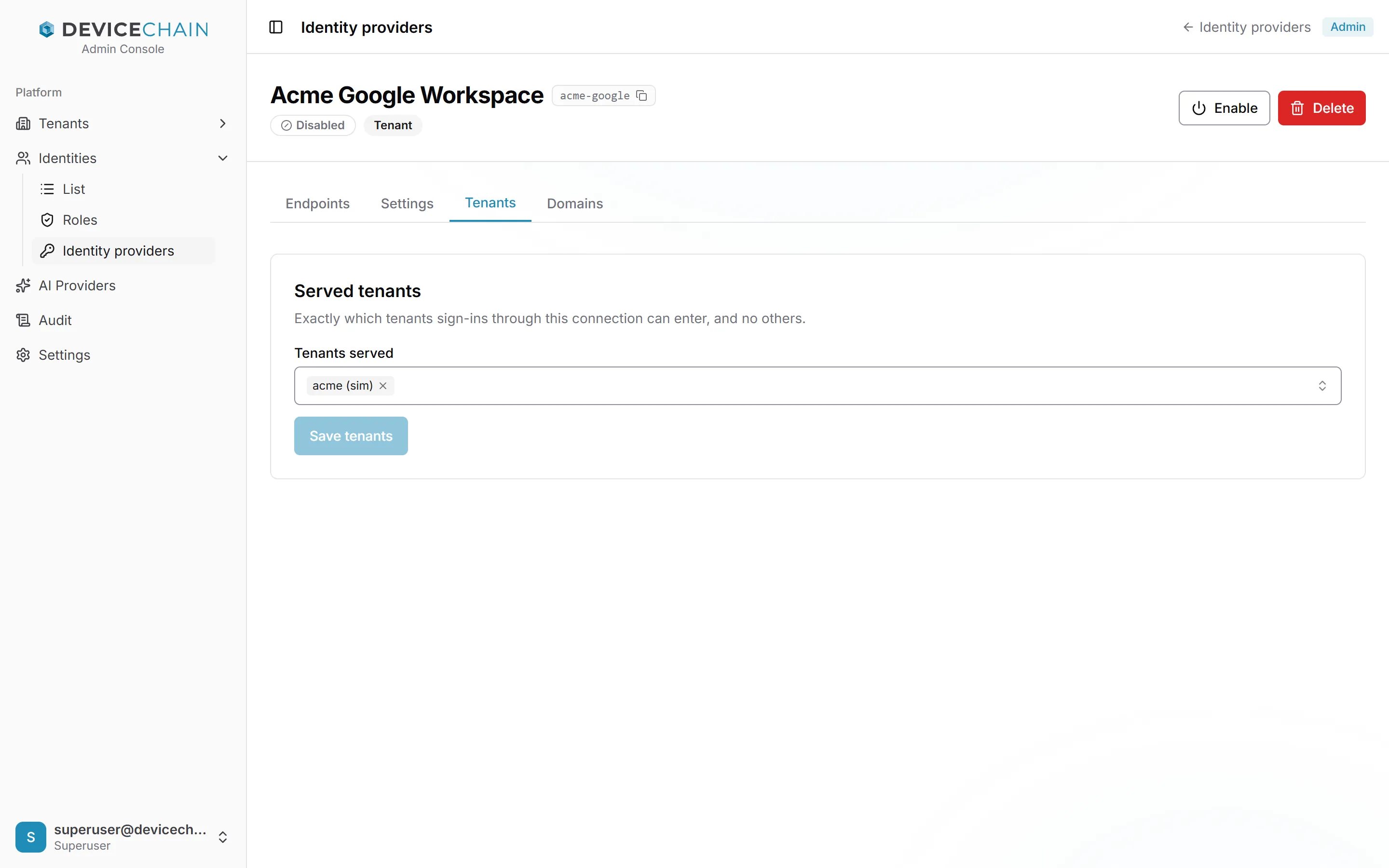 Acme Google Workspace 的 Tenants 选项卡。在 Served tenants 下，Tenants served 选择器中是 acme (sim)。“Save tenants”按钮为灰色，因为没有任何更改。