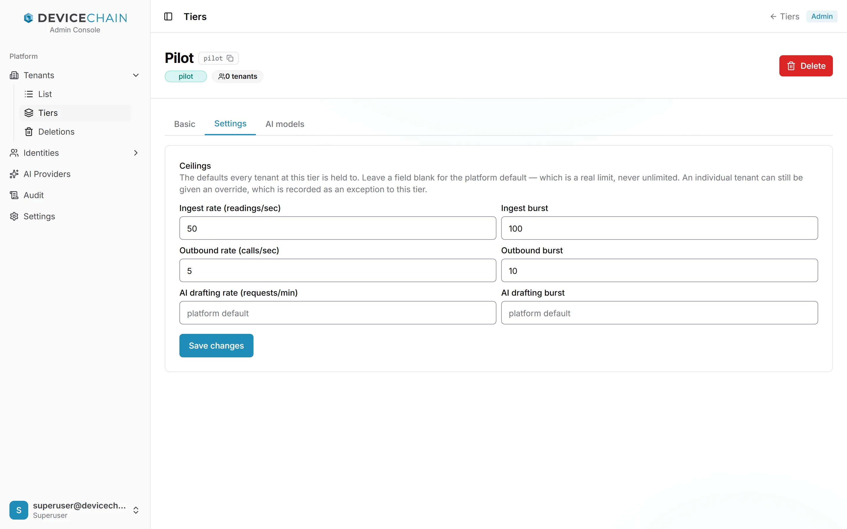 Pilot 层级的 Settings 选项卡，标题为 Ceilings：Ingest rate 50、Ingest burst 100、Outbound rate 5、Outbound burst 10，AI drafting rate 和 AI drafting burst 均显示 platform default。有“Save changes”按钮。