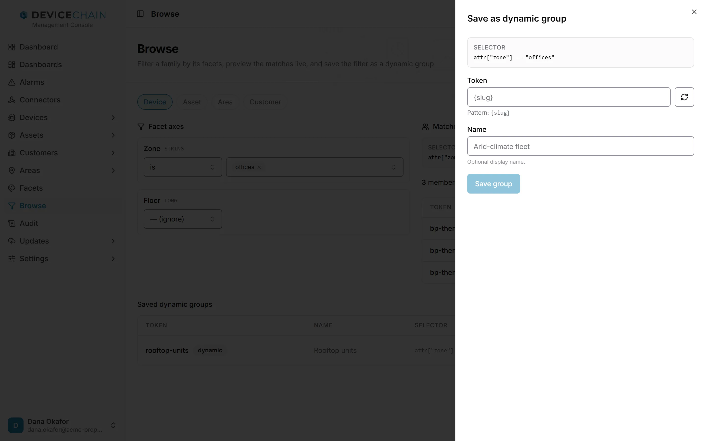 Save as dynamic group 抽屉，显示选择器 attr zone equals offices、带生成按钮的 Token 字段、可选的 Name 字段以及“Save group”按钮。