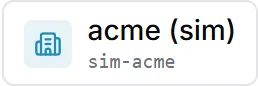 租户标识：一张小卡片，包含建筑图标、租户名称“acme (sim)”，下方是等宽字体显示的令牌“sim-acme”。