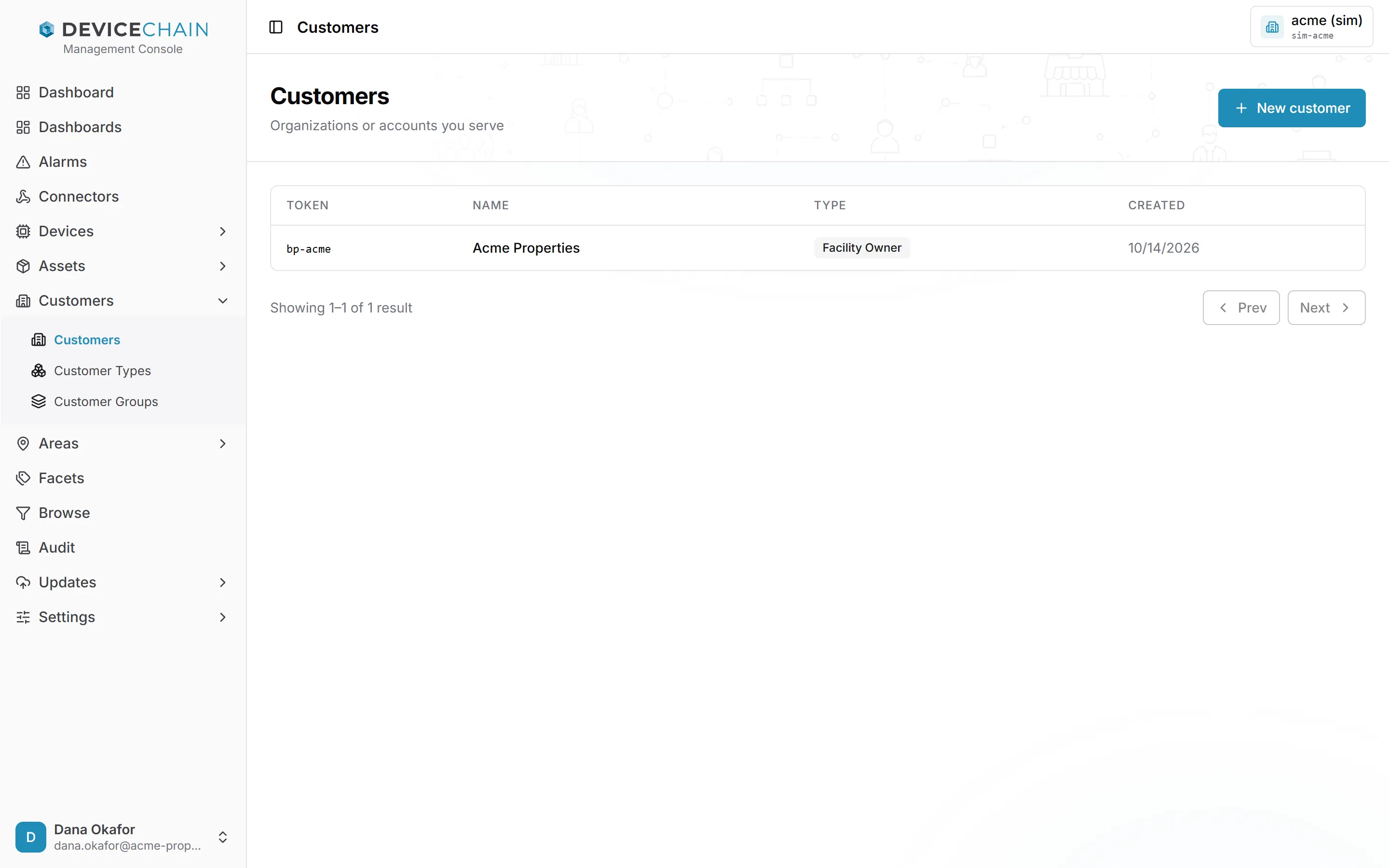 Customers 列表，只有一个客户 Acme Properties，类型为 Facility Owner。
