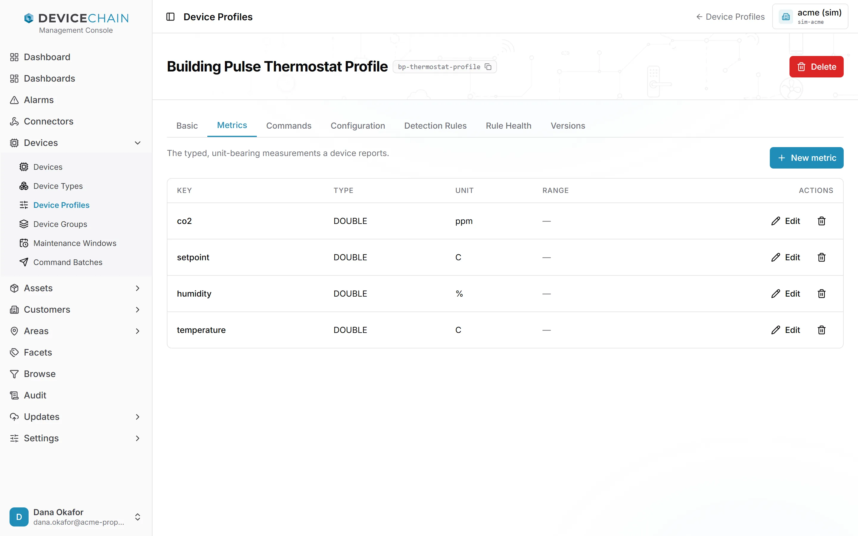设备配置文件 Building Pulse Thermostat Profile 的页面，令牌 bp-thermostat-profile，选项卡为 Basic、Metrics、Commands、Configuration、Detection Rules、Rule Health 和 Versions。Metrics 选项卡已打开，带有 New metric 按钮。表格的列为 Key、Type、Unit、Range 和 Actions，列出 co2（DOUBLE，ppm）、setpoint（DOUBLE，C）、humidity（DOUBLE，%）和 temperature（DOUBLE，C），每行都有 Edit 和删除按钮。