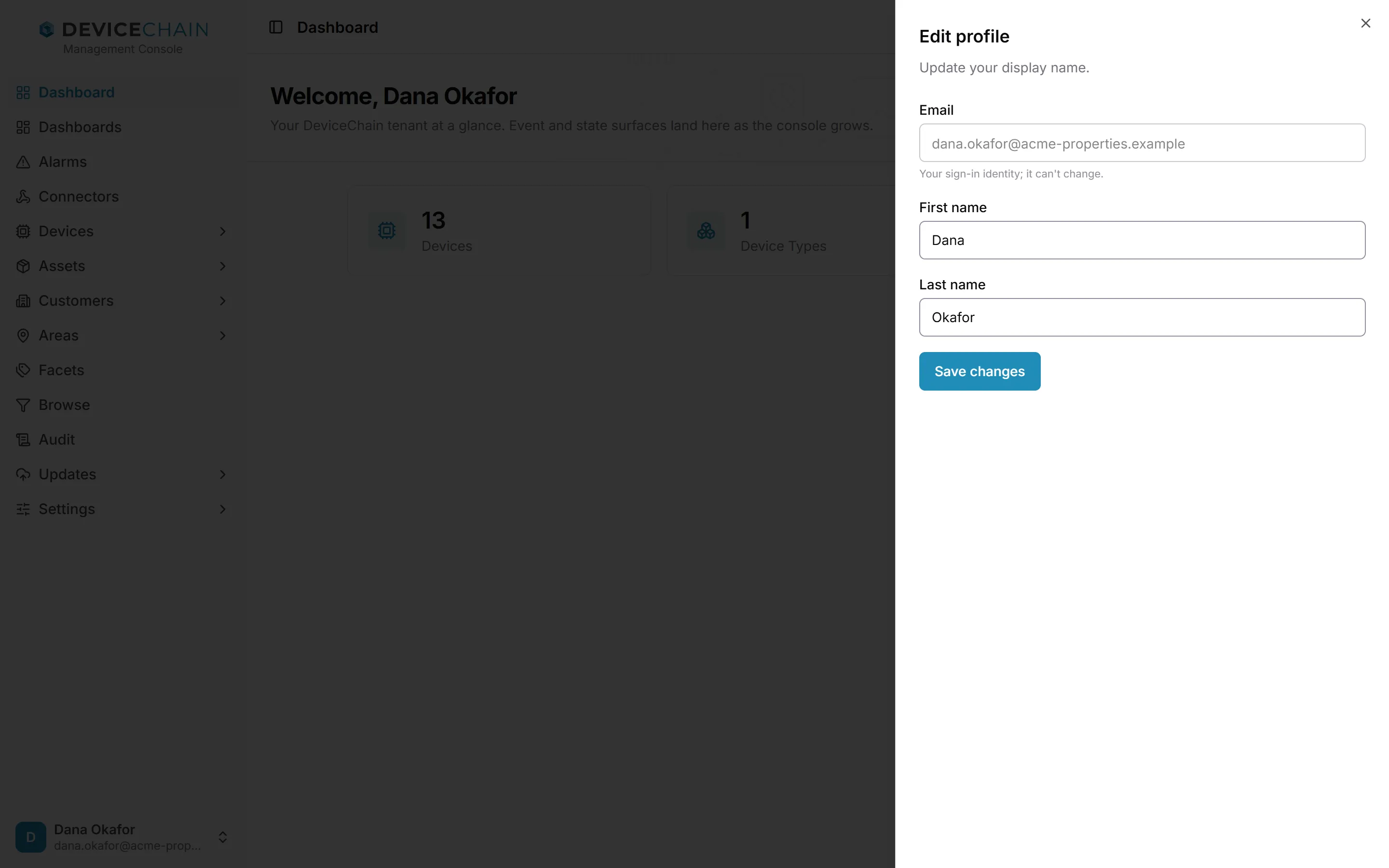 屏幕右侧打开的 Edit profile 面板，说明文字为“Update your display name.”。面板显示灰色的 Email 输入框及提示“Your sign-in identity; it can't change.”，以及 First name、Last name 输入框和 Save changes 按钮。